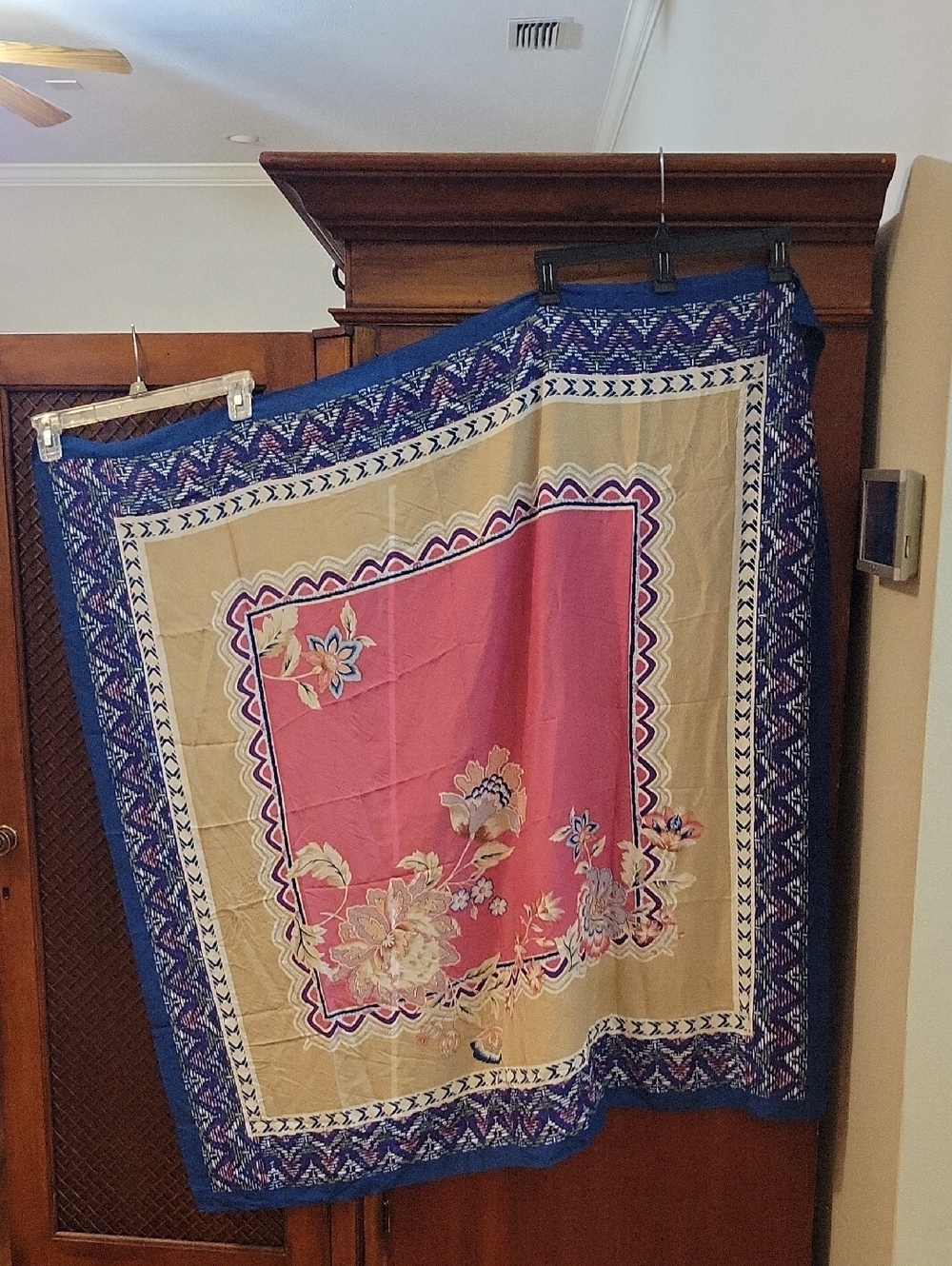 Chico's | Floral Patch Multicolor Print Wrap Scarf in Pink Navy & Tan 42" Square